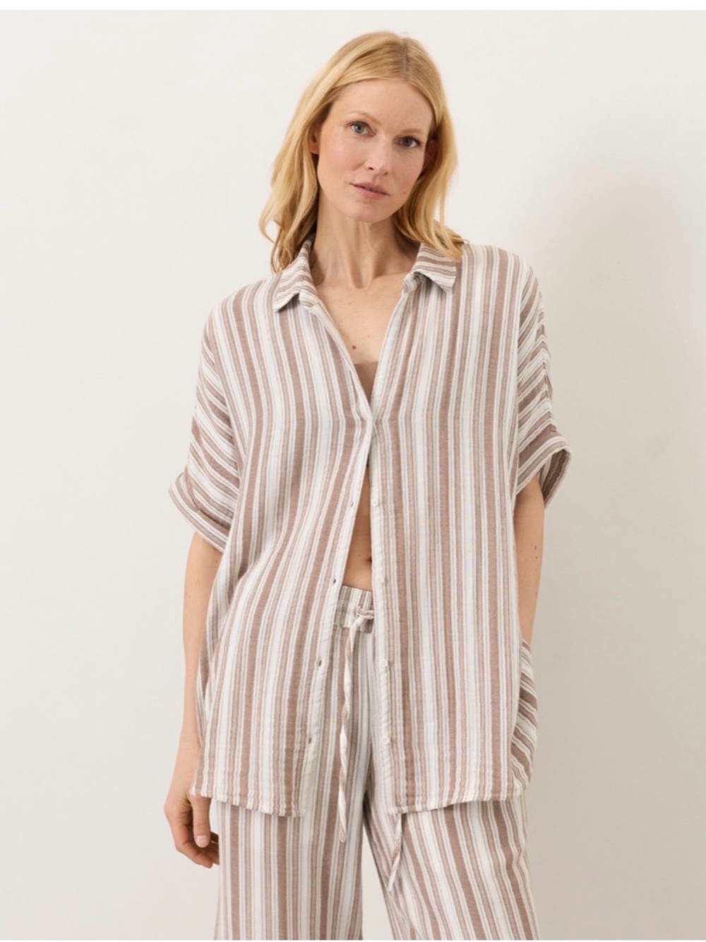 Pact Double Gauze Oversized Striped Button-Down Shirt Driftwood & White